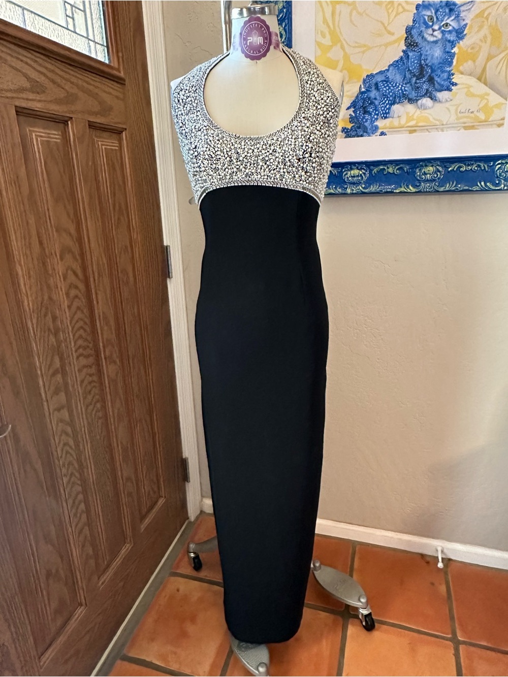 Oleg Cassini Black Gown with Silver Sequin Halter Bodice